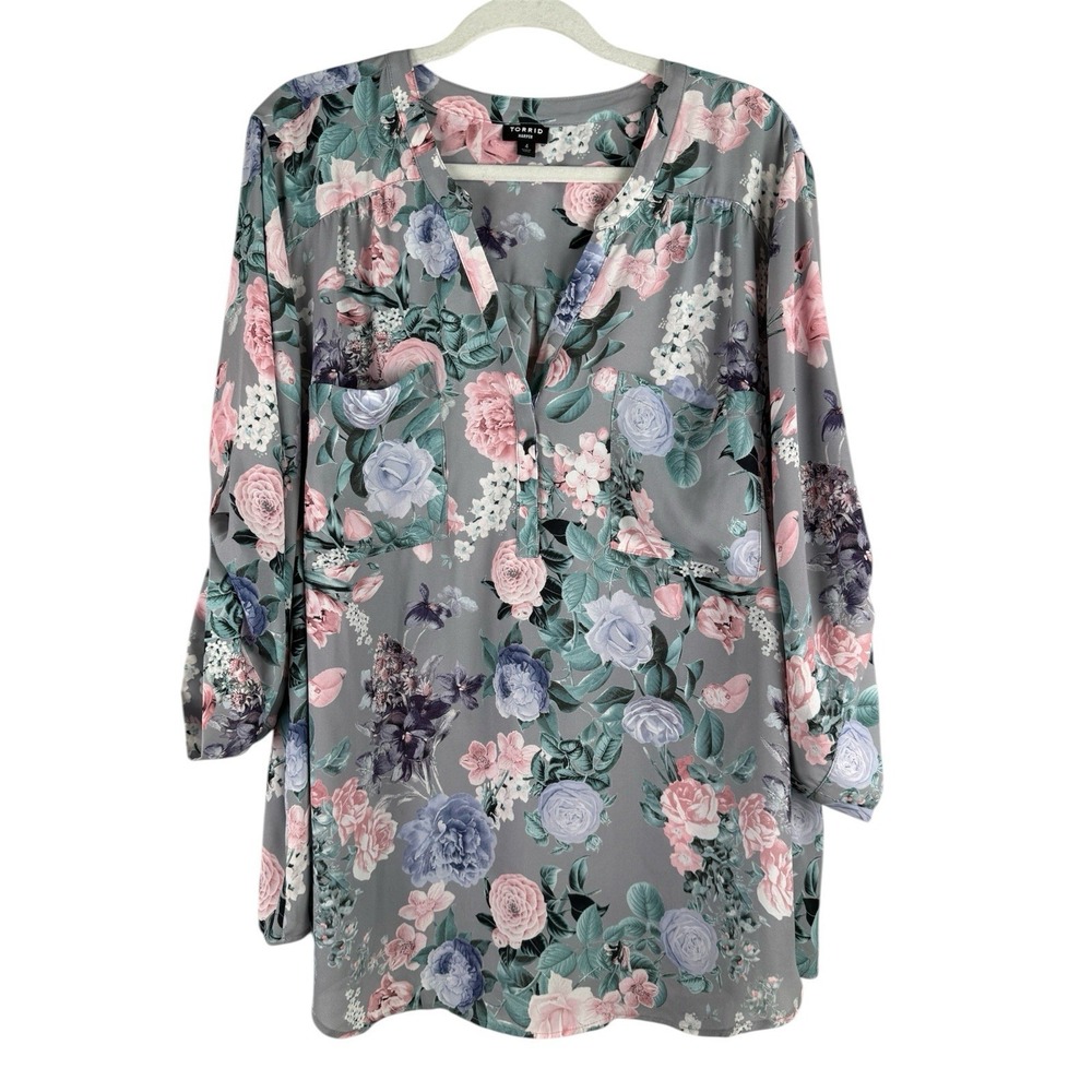 Torrid Harper Women's Pullover Gray Floral Print Roll Tab Sleeve Blouse Size 4X